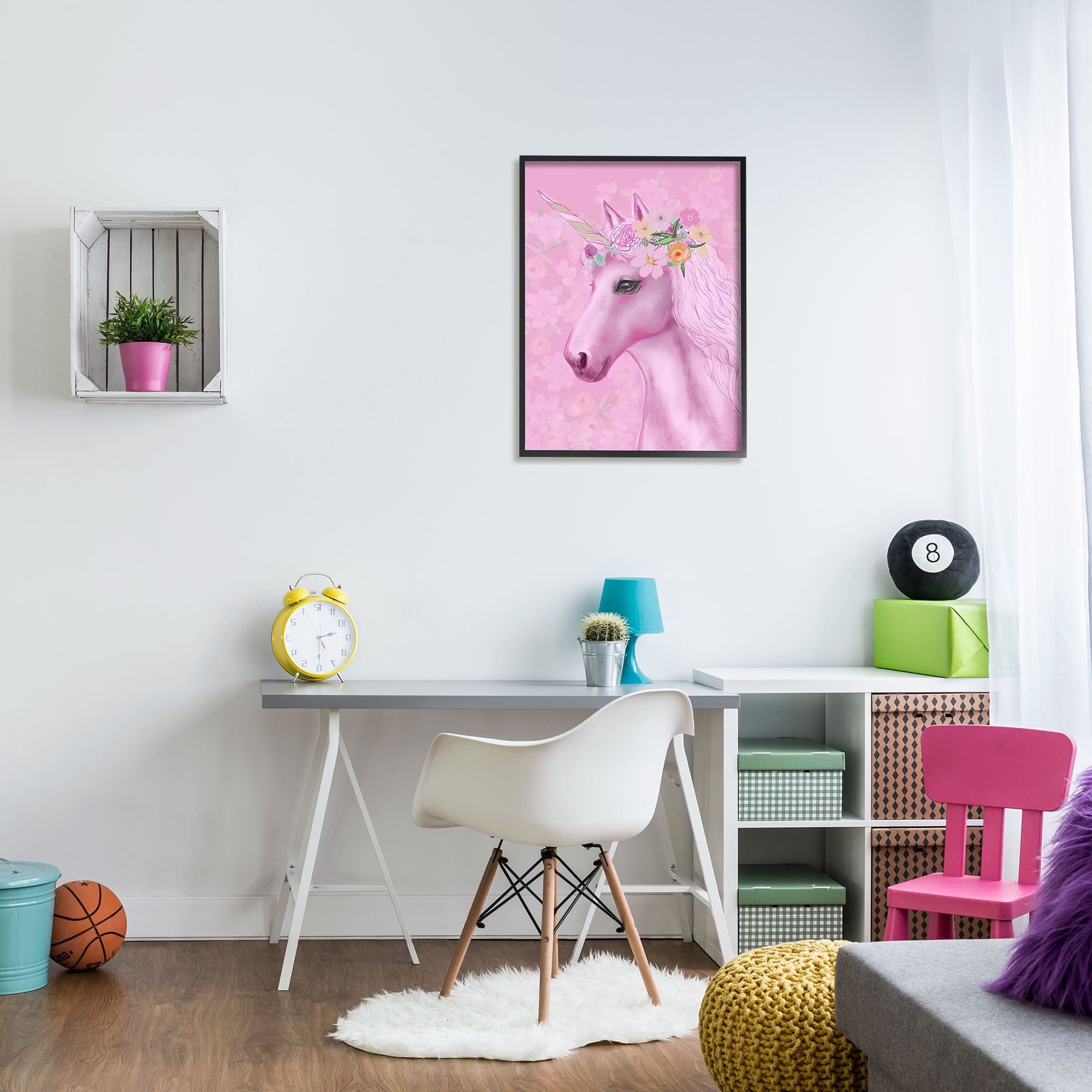 Stupell Industries Floral Pattern Pink Unicorn Adorable Mythical Creature Kids Painting Black Framed Art Print Wall Art, 24 x 30, Design by JunCo. Studio