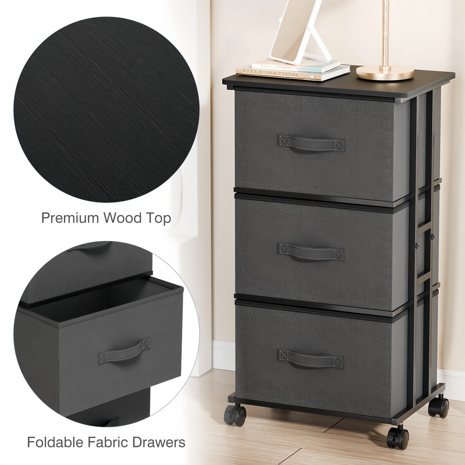 BEAUTYPEAK 3 Drawer Rolling Fabric Dresser Mobile Nightstand Storage Cabinet with Lockable Casters for Bedroom Closet Office, Gray