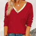 thumbnail image 4 of WHLBF Tops for Women Long Sleeve Fall Winter Classic Solid Color Gold V-neck Pullover T-shirt Red M, 4 of 7