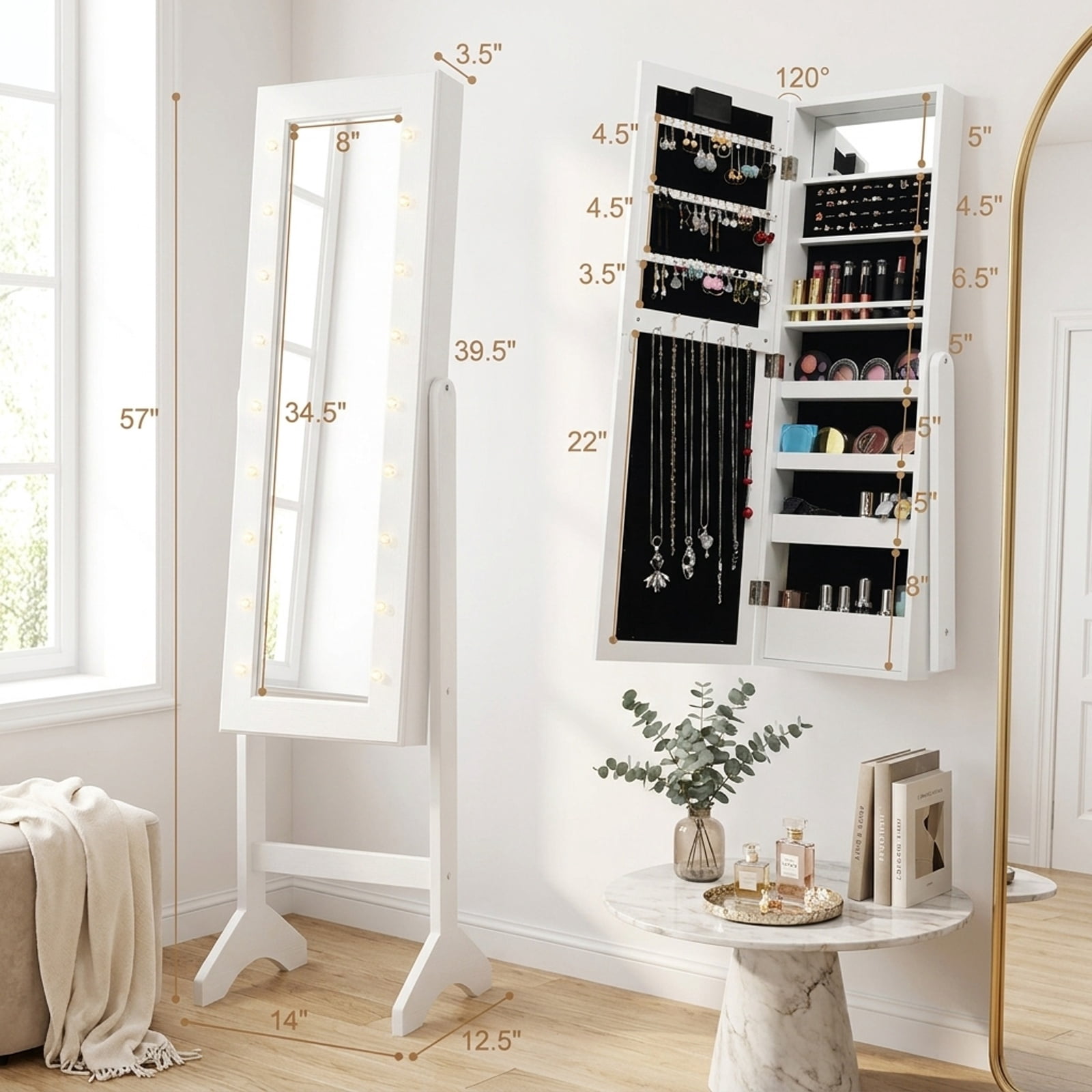 Furnibear Mirrored Jewelry Cabinet Armoire Organizer w/ LED lights for Bedroom Dressing Room Jewelry Necklace Rings Storage Mirror, White
