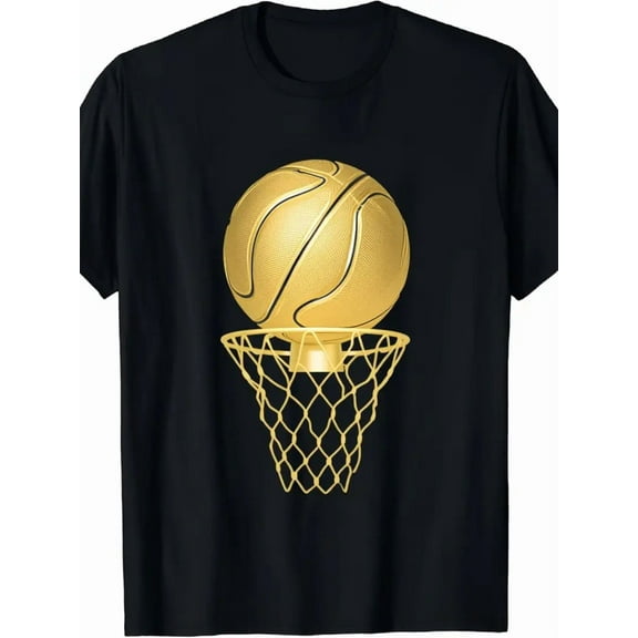 Men's Black Basketball T-Shirt with Golden Hoop & Print - Short Sleeve Crew Neck Casual Sports Jersey, Loose Fit Beige-Friendly Lightweight Tee for Streetwear, Gift for