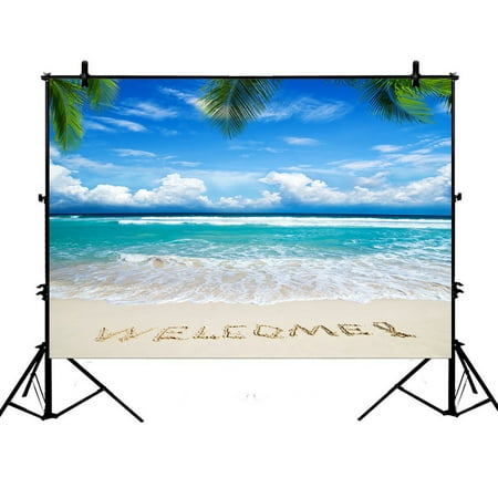Image of PHFZK 7x5ft Tropical Island Palm Trees Backdrops Welcome Written in a Sandy Beach Photography Backdrops Polyester Photo Background Studio Props