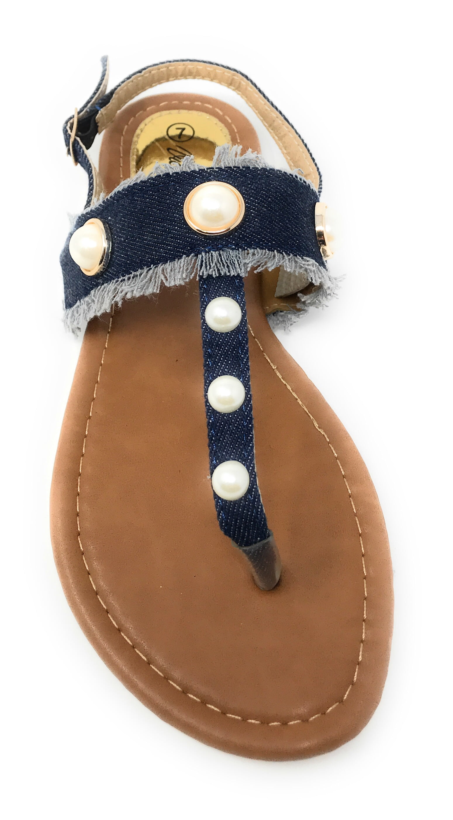 Victoria K Women's Fringed Denim With Pearl Studs Sandals