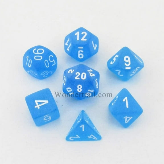Caribbean Blue Frosted Dice with White Numbers 16mm (5/8in) Set of 7 Chessex