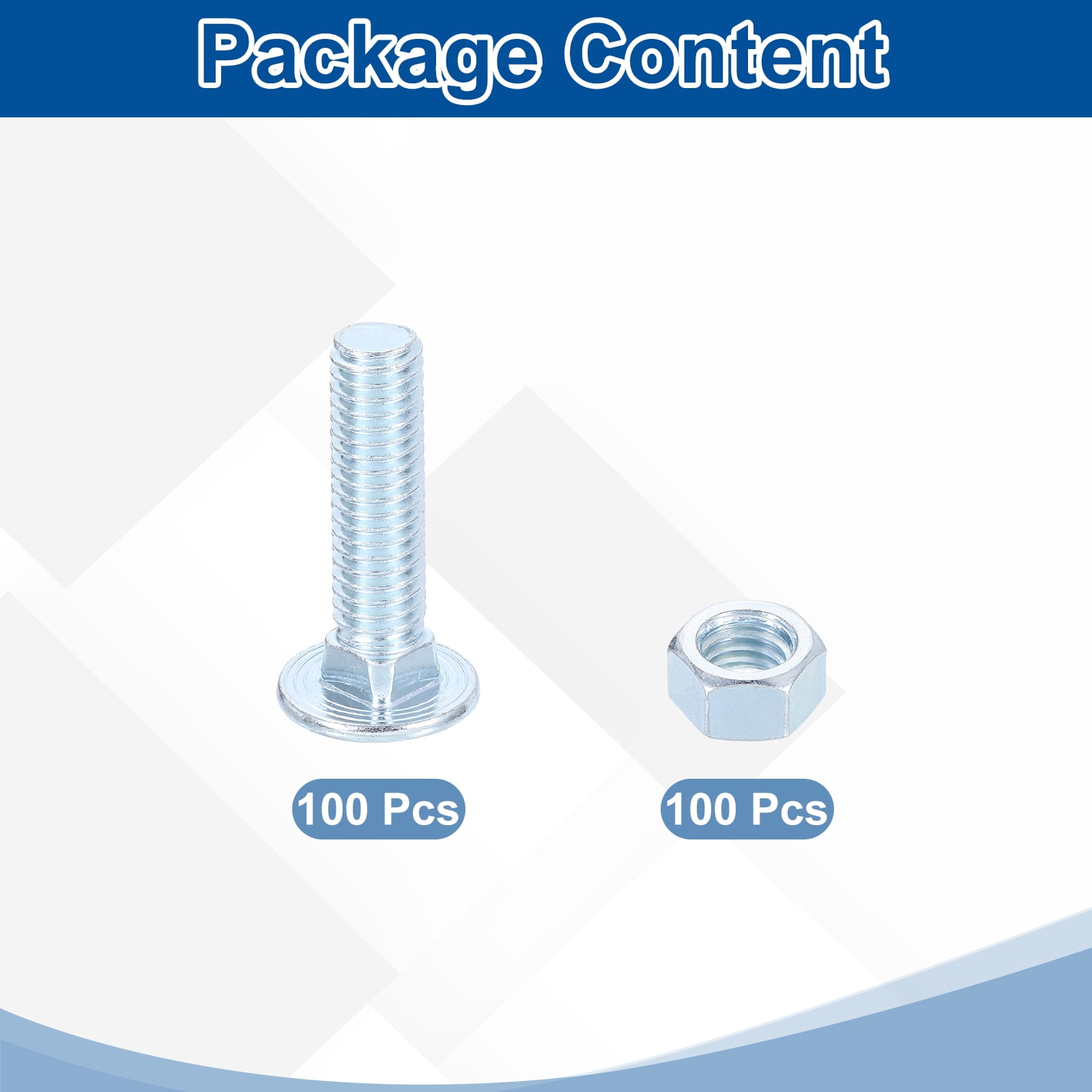 100 Set Carriage Bolts and Nuts Kit, 3/8"-16x2" Carbon Steel Round Head Square Neck Carriage Bolts Screws and Hex Nuts - Blue White