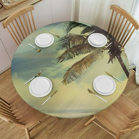 

Palnkart Palm Tree Beach Sun Round Table Cover Stain Resistant Washable Indoor Outdoor Tablecloth Kitchen Dining Wedding Parties Waterproof Fabric 100% Polyester 54-58