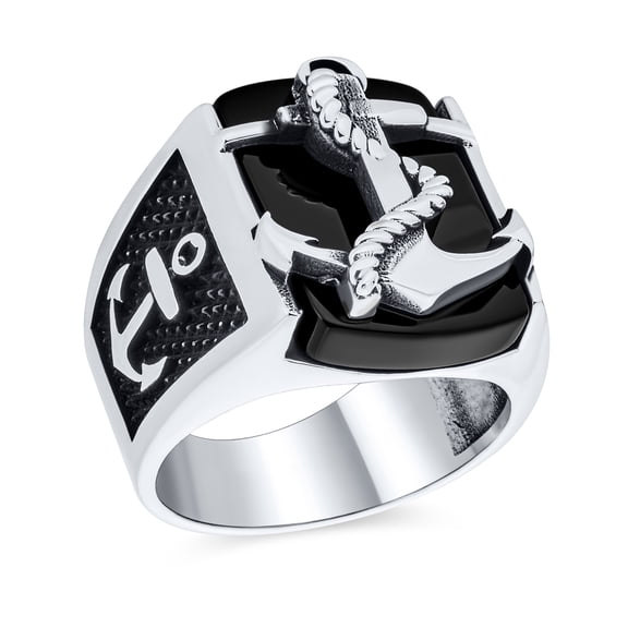 Bling Jewelry Mens Mens Silver Ring Nautical Black Onyx Gemstone Anchor Signet .925 Sterling Silver
