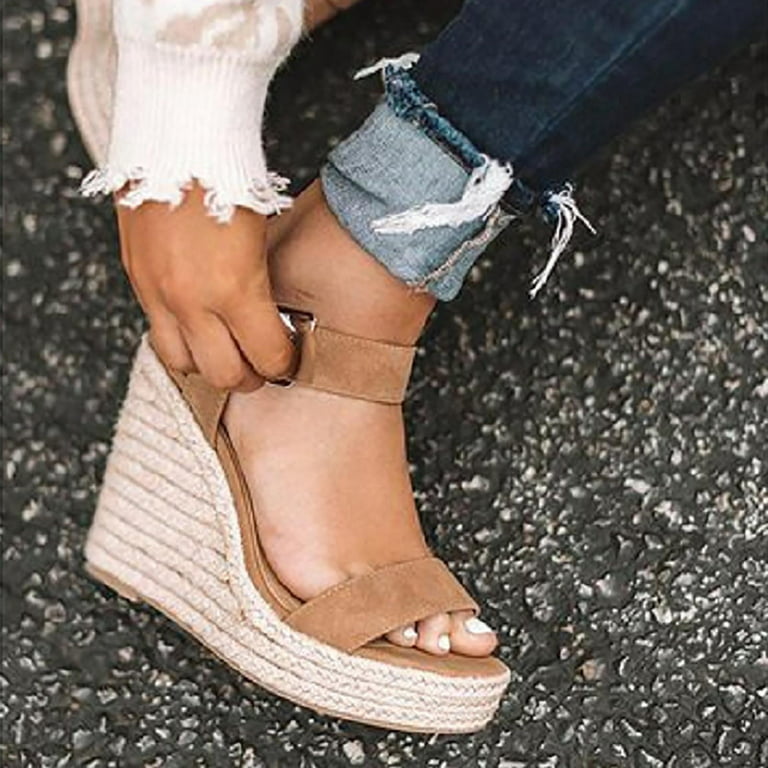Design Straw Wedge Sandals Women's High Heels Open Toe Lace up