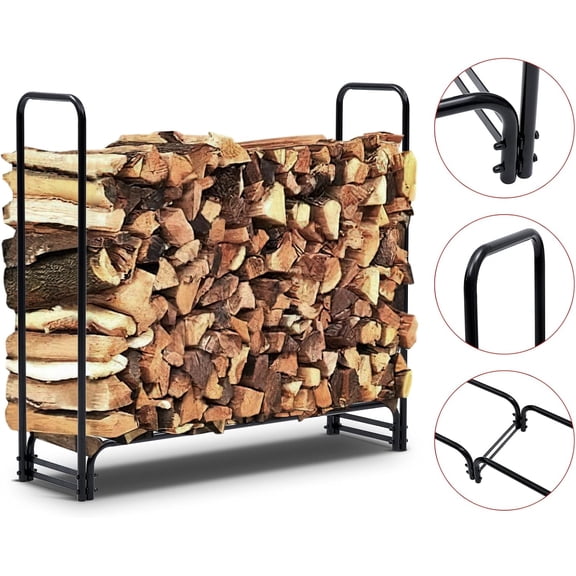 QinaQin 4.3FT Outdoor Firewood Rack with Cover,Steel Log Holder,Heavy Duty Log Stacker for Patio,Black