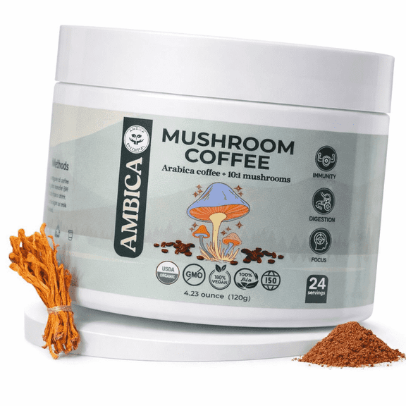 AMBICA Mushroom Instant Coffee USDA Organic Gluten-Free 24 Servings 4.23 oz