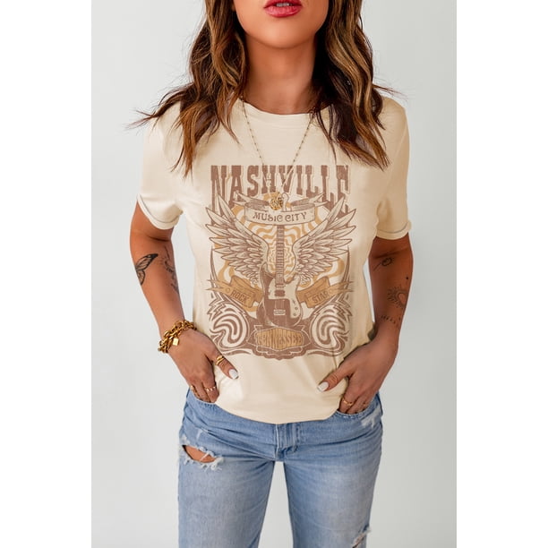 ABPHQTO Camiseta caqui con estampado gráfico de guitarra Music City para mujer