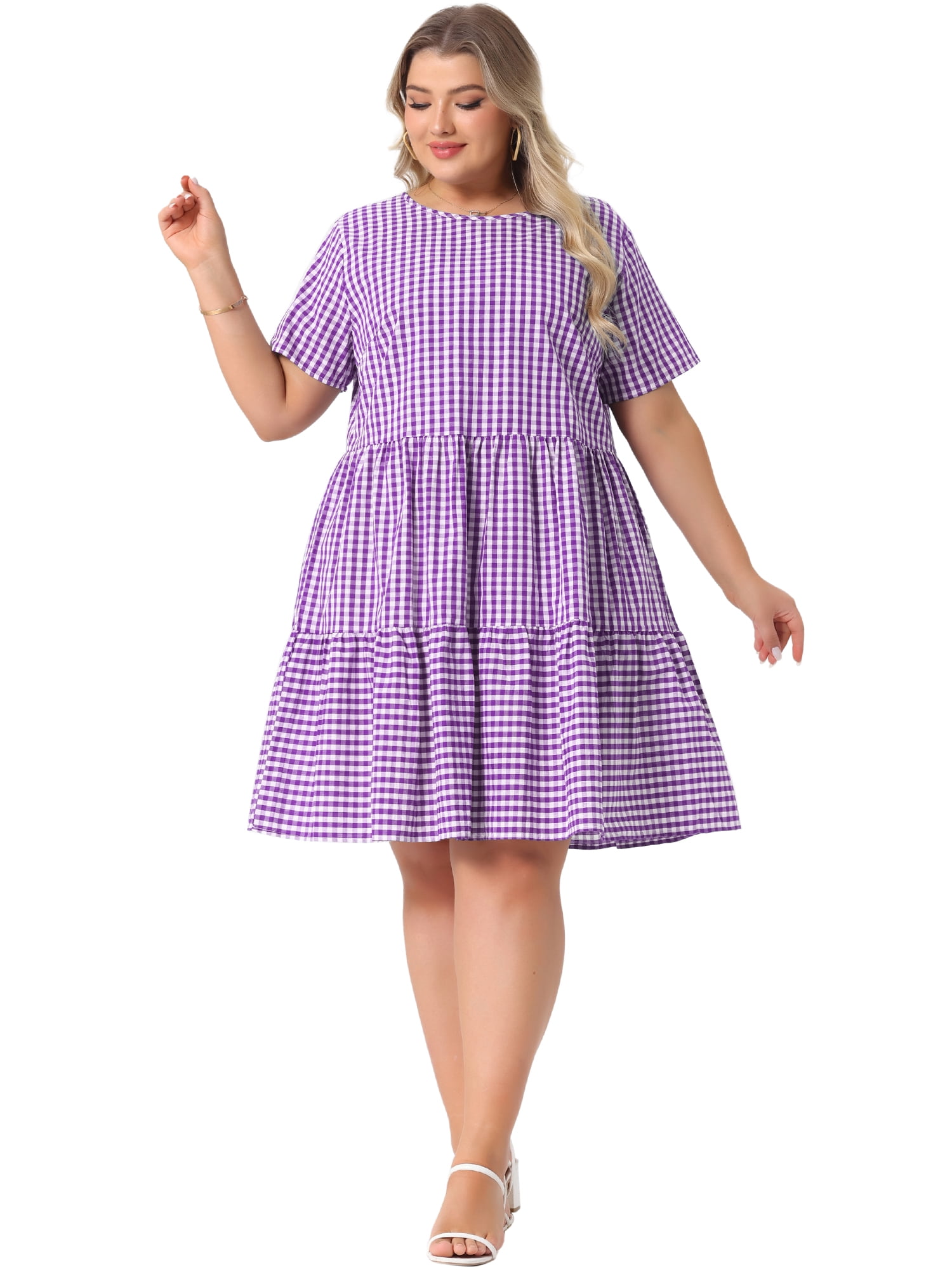 DARING DIVA Women's Plus Size Plaid Round Neck Short Sleeve Midi Dress 4X Purple