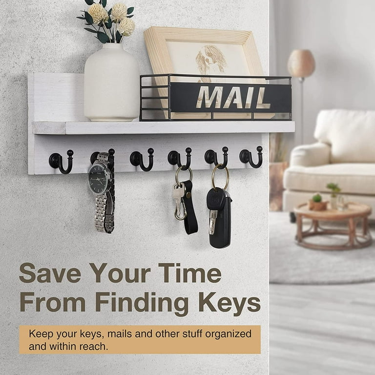 Dinosam Mail and Key Holder for Wall 15 Farmhouse Mail Organizer Wall Mount Paulownia Wood Key Hook Rack with Shelf White Walmart
