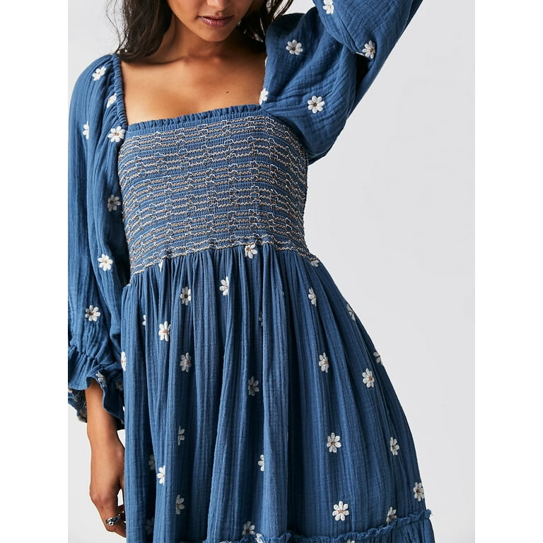 Womens Flower Embroidered Maxi Dress Lantern Sleeve Square Neck Tiered  Flowy Spring Fall Dress - Walmart.com