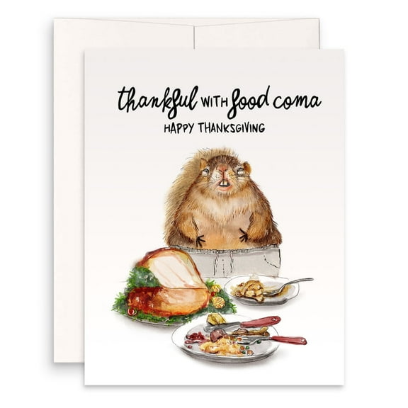 Thankful with Food Coma Thanksgiving Card – Funny Card Featuring Adorable Character – Blank Inside, Envelope Included – Perfect for Friends and Family Celebrations