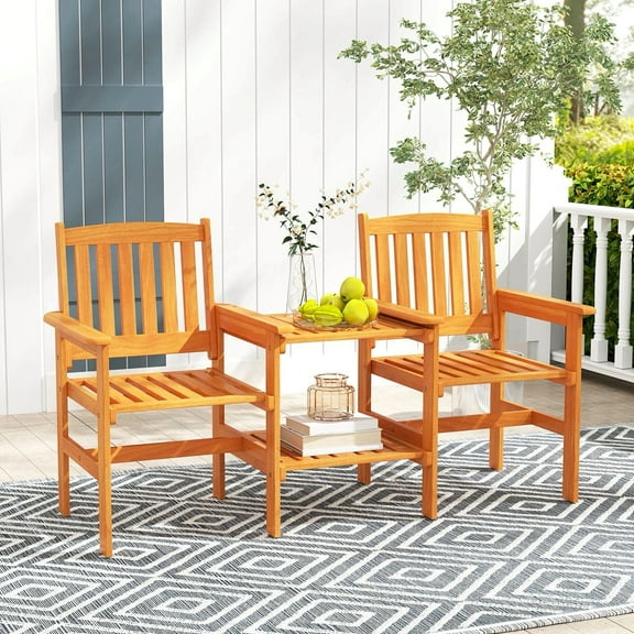 Auranook 2-Seater Outdoor Patio Furniture Set,Outdoor Wood Bench Loveseat with Built-in Table, Patio Table and Chairs Set