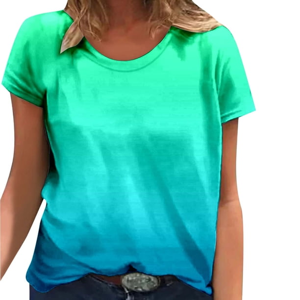 Top de manga corta con estampado degradado para mujer - Cuello redondo, camiseta informal de verano - Tejido de poliéster para uso urbano, vacaciones y diario