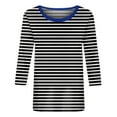 thumbnail image 5 of Women's Crew Neck 3/4 Sleeve Striped Print Top, Contrast Trim Casual Slim Fit Basic T-Shirt Blouse for Spring Summer Daily Wear 01-Black S, 5 of 5