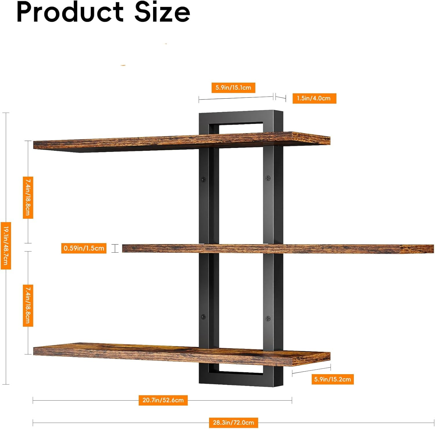 Floating Shelves for Wall, Wood Wall Shelves for Bathroom, 3 Tier Shelves for Wall Decor, Decorative Hanging Storage Shelf for Bedroom Kitchen Living Room, Rustic Brown and Black