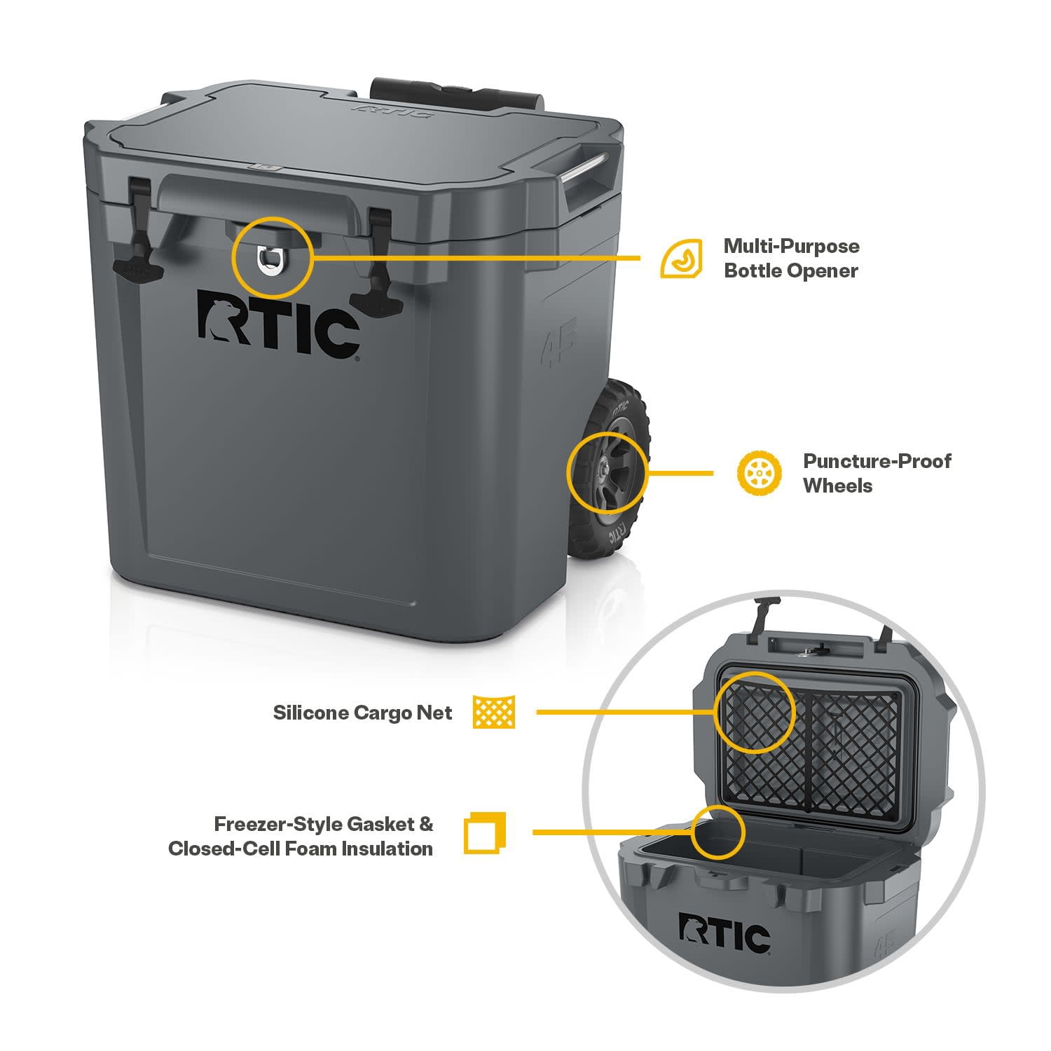 RTIC 45 QT Ultra-Tough Wheeled Hard-Sided Ice Chest Cooler, Fits 60 Cans, Dark Grey