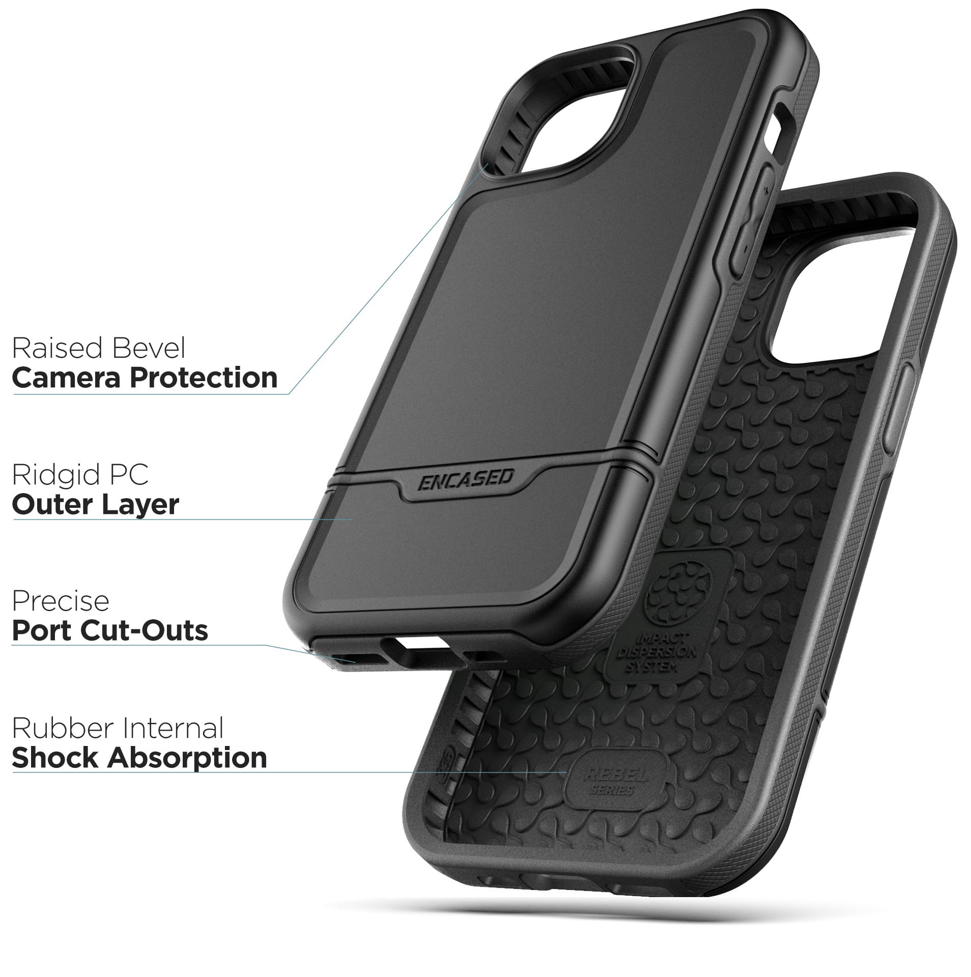 Encased Rebel Designed for iPhone 15 Belt Clip Case, Protective Shockproof Phone Case with Holster (Black)