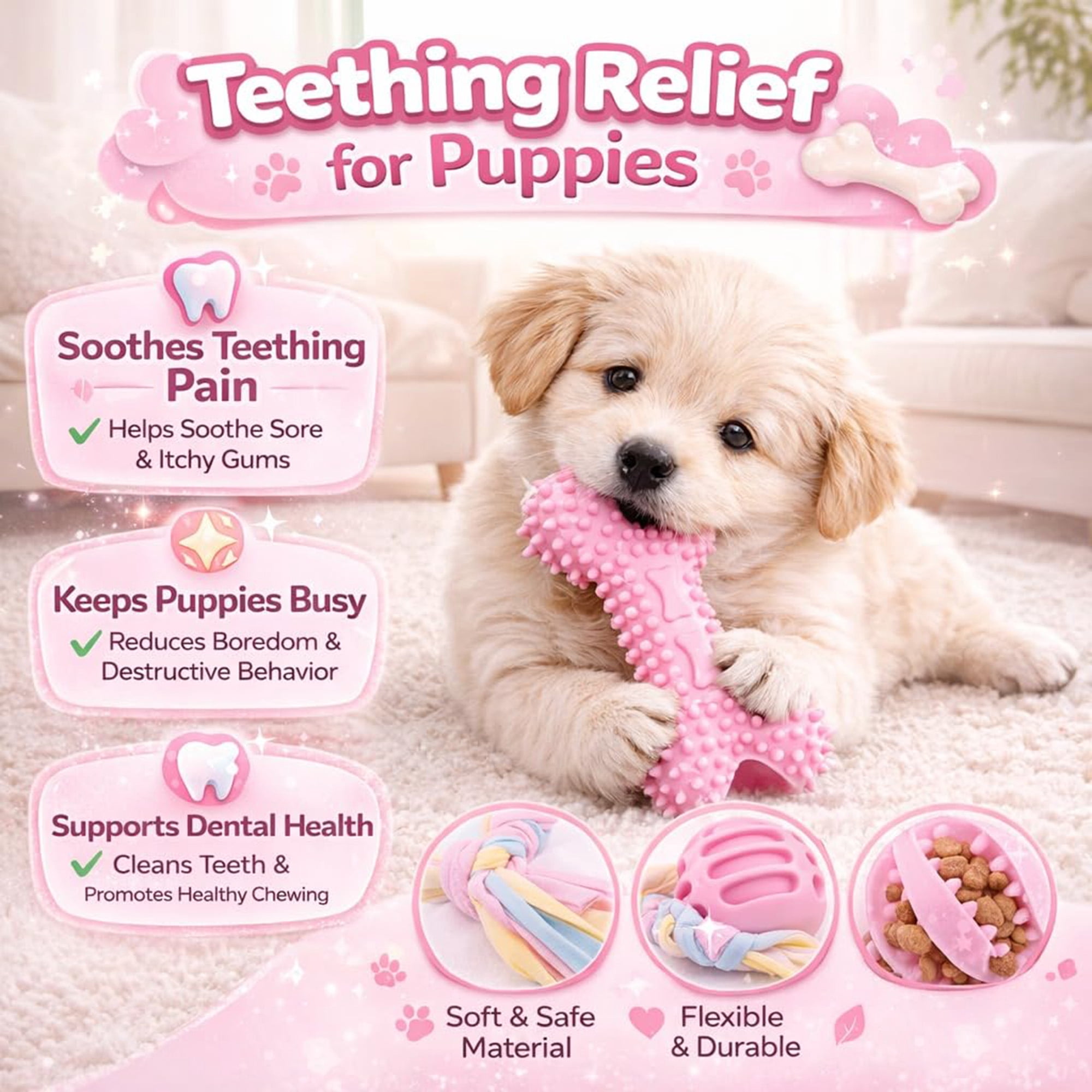 Puppy Chew Toys for Small Dogs, 6 Pack Soft Rubber Teething Toys, Interactive Teeth Cleaning Dog Toys for Puppies, Eco Friendly Safe Chewable Puppy Toys, Pink