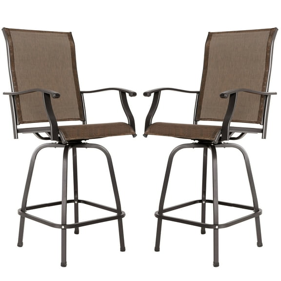 Nuu Garden Outdoor Swivel Bar Stool Set, 2 Piece Patio Seating Iron Bar Height Outdoor High Chairs with Armrests and Footrest, All-Weather Textilene, Brown