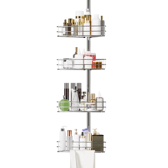Shower Caddy Tension Pole Adjustable 4 Rustproof Baskets with Towel Bars, No-Drill Installation 75-110 Inch Expandable Shelf Organizer for Bathroom Corner Shower Storage Satin Nickel