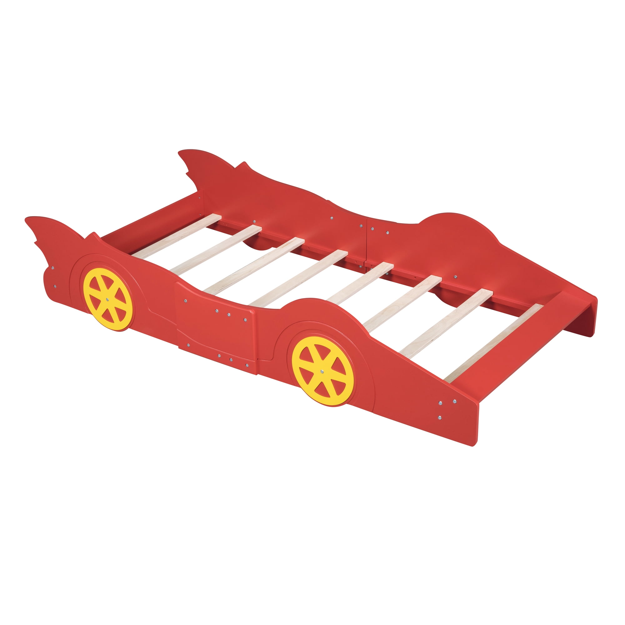 Solid Wood Race Car-Shaped Platform Bed with Wooden Slats, Bed with Wheels, Platform Bed with Headboard and Footboard, No Box Spring Needed (Red,Twin)