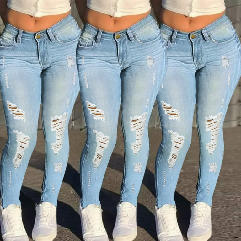 LAGKQS Work Jeans High Waisted Jeans for Teens Ripped Solid Color