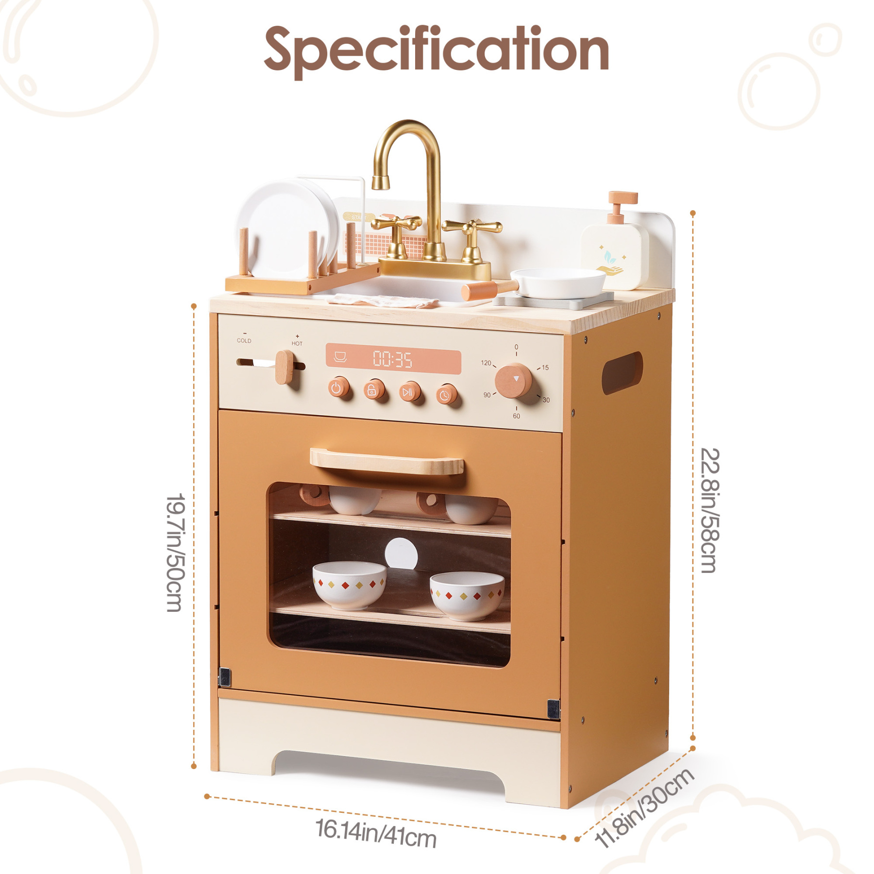 Robud Wooden Dishwasher Playset for Kids - Pretend Kitchen Sink with Faucet, Turning Knobs, Dish Rack & Tableware for Toddler Role Play Toy Ages 3+, Caramel