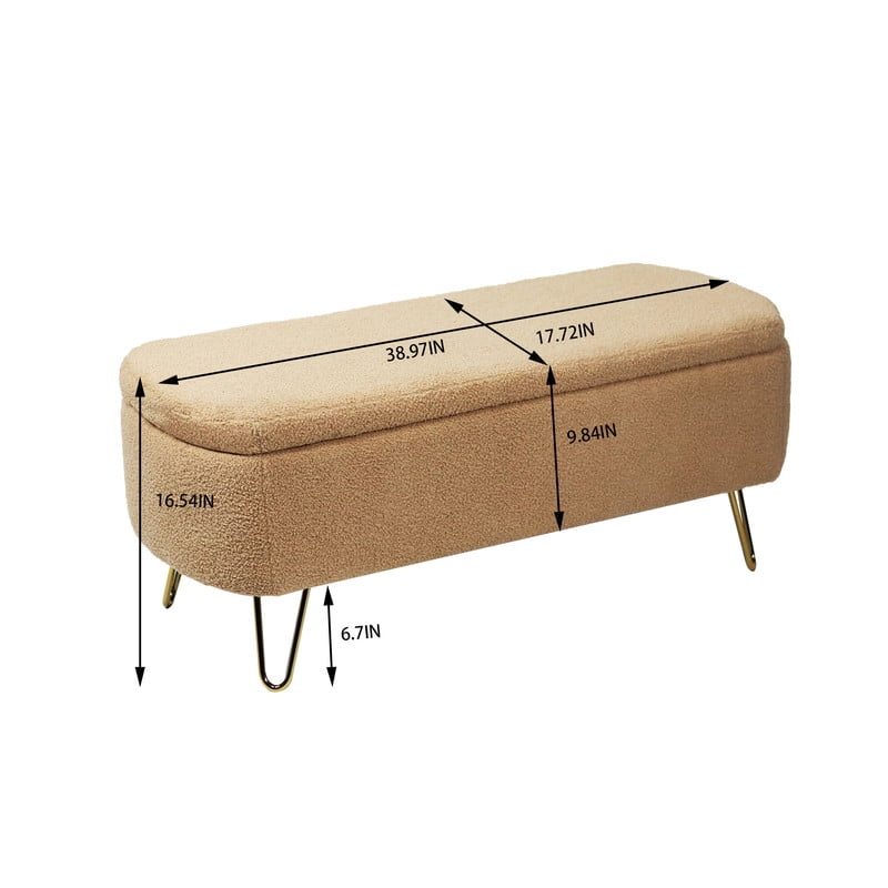 Comfort Stretch 39" Length Storage Ottoman Bench for Living Room,Camel Faux Fur Bedroom Bench with Entryway Oval Storage Upholstered Fabric Footrest Stool Padded Seat with Gold Legs