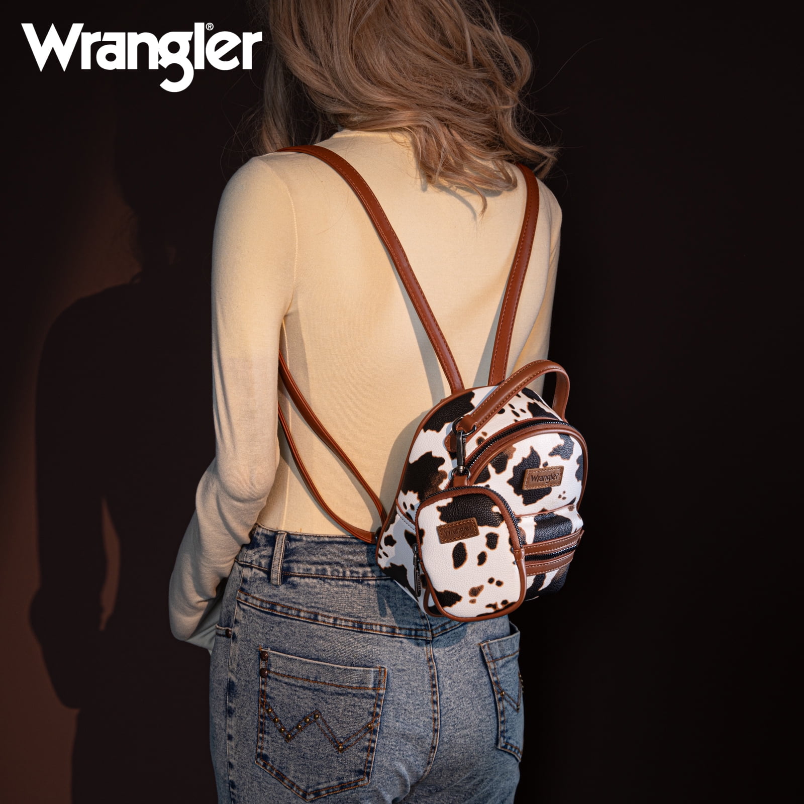 Wrangler Mini Backpack Cute Cow Print Backpack Purse for Women, Brown