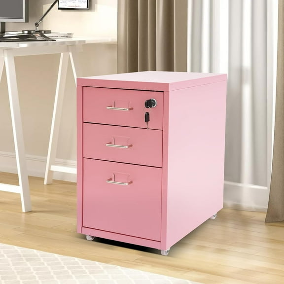 3 Drawer File Cabinet, Metal Filing Cabinets with Lock, Pink Vertical Filing Cabinet Under Desk for Home Office, Heavy Duty Metal Storage Cabinet for A4/Letter/Legal Size File