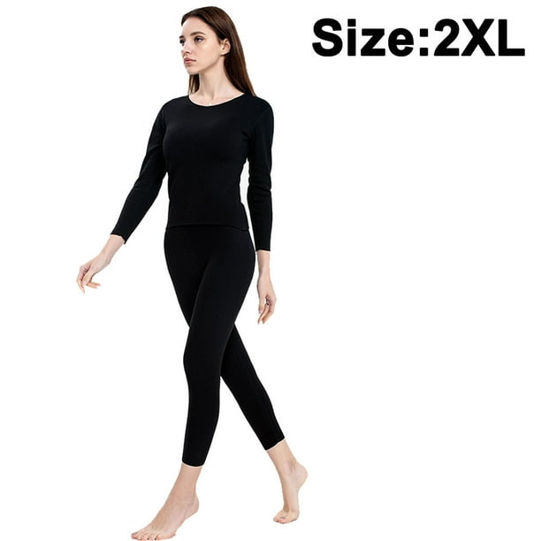 Black Long John Thermal Underwear Women Fleece Lined Base Layer Top &  Bottom Set