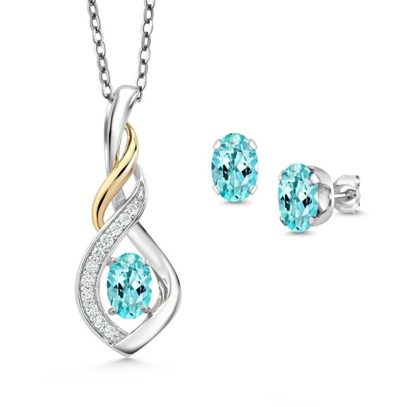 Gem Stone King 925 Silver and 10K Yellow Gold Blue Apatite and White Lab Grown Diamond Pendant and Earrings Jewelry Set for Women (1.65 Cttw, Gemstone Birthstone, with 18 inch Chain)
