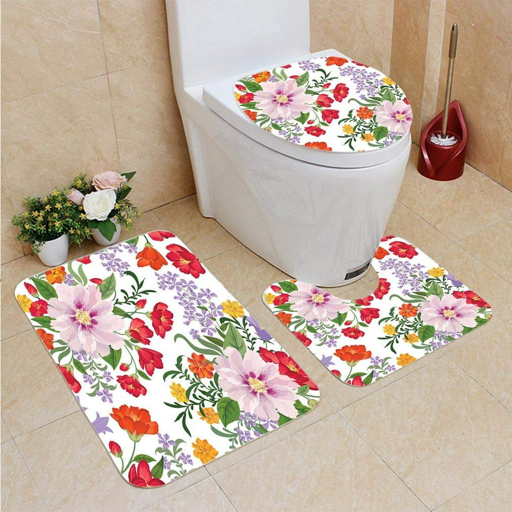 CHAPLLE Floral Seamless Flower 3 Piece Bathroom Rugs Set Bath Rug