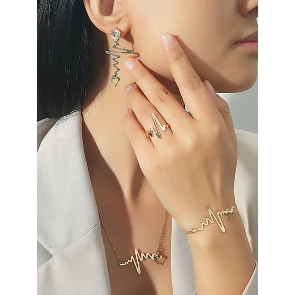 EOEMY 5Pcs Rhinestone Heartbeat Decor Jewelry Set Necklace Bracelet Earrings And Ring-Default