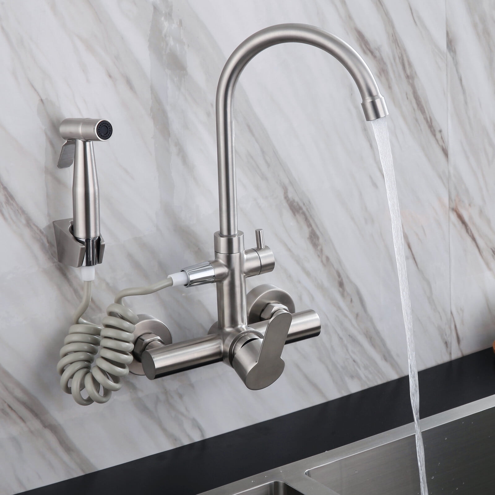Silver Single Handle Wall-mounted Stainless Steel Faucet 360° Rotation Kitchen Faucet for Homes Restaurants Shopping Centers
