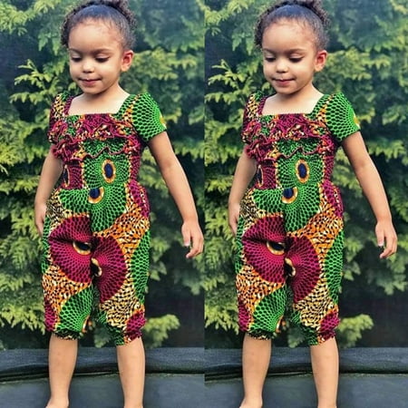 

Toddler Kids Girls African Traditional Style Short Sleeve Ruffles Romper Jumpsuit Ankara Playsuit Harem Pants Outfits 1-6 Years