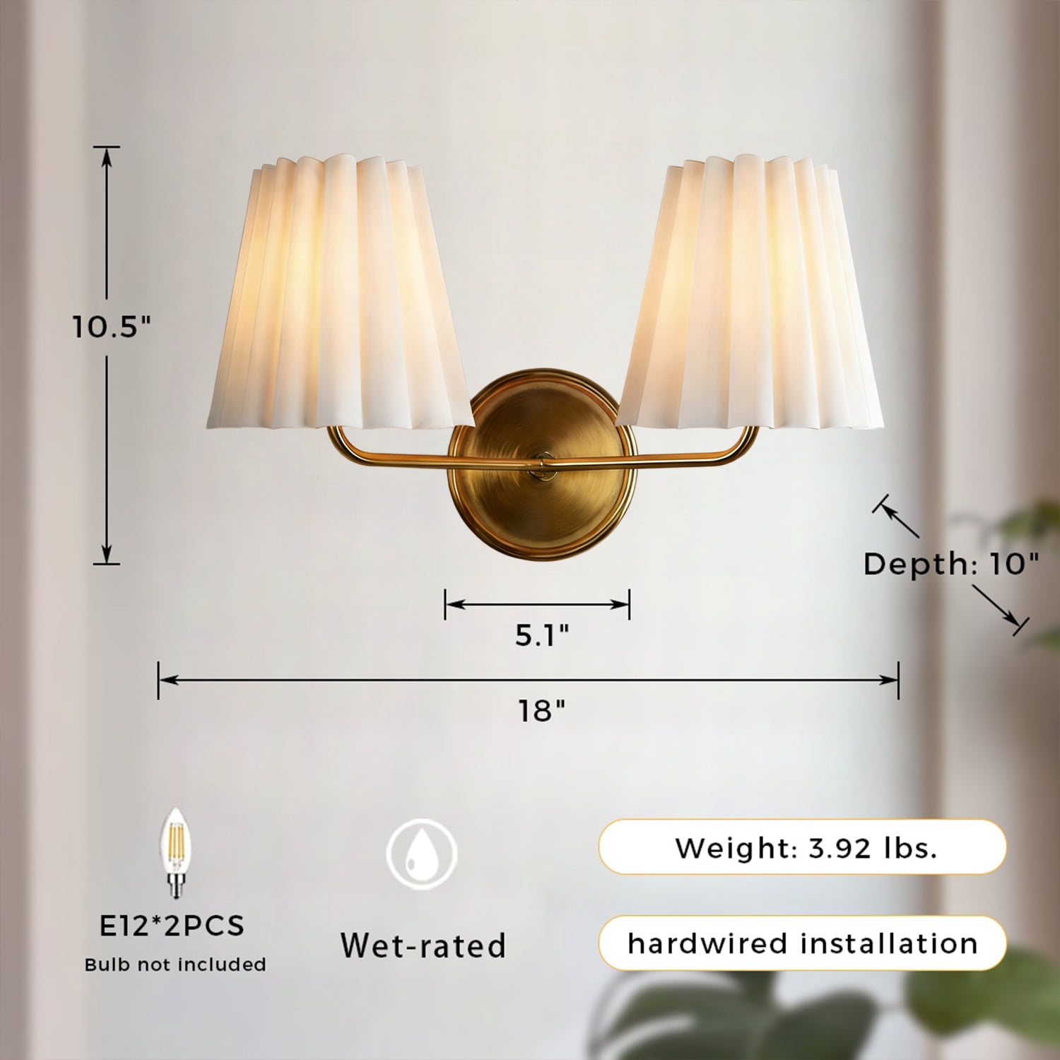 Mid-century Double Ivory Linen Shade with Antique Brass Metal Wall-Mounted Sconce, Unique Elegant Wall Light, Hand-polished Wall Lamp, Indoor Sconce for LIving Room, Dining Room, Bedroom, Entryway
