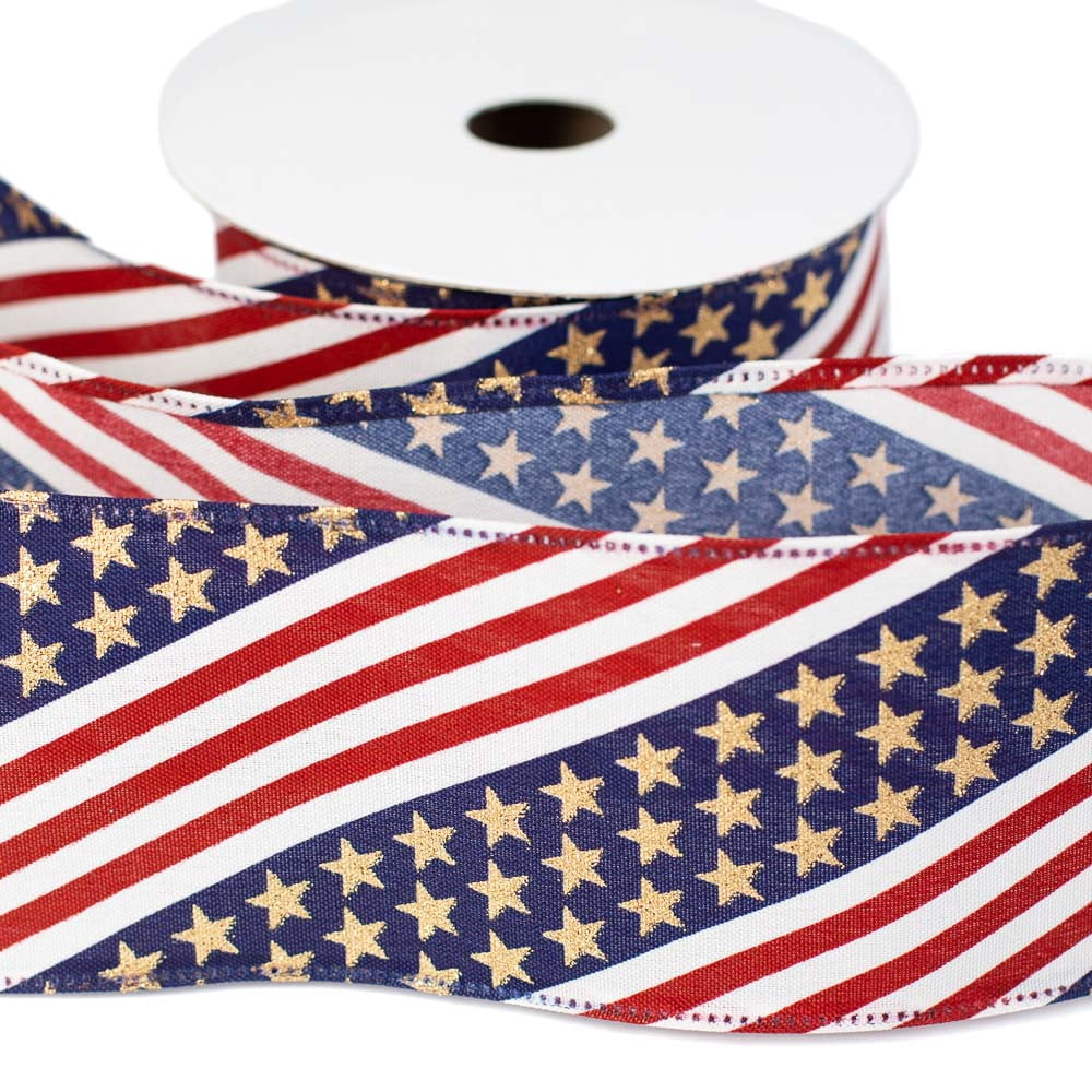 Red, White and Blue Glitter Stars and Stripes Wired Edge Ribbon