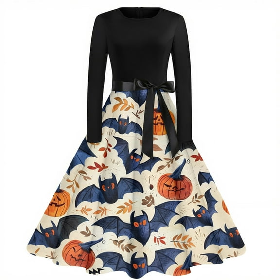 WTOBBY Women's Fashion Vintage Long Sleeve Round Neck Halloween Printed Party Gown Dress with Elegant Design for Evening Events and Gothic Occasions ,Beige L