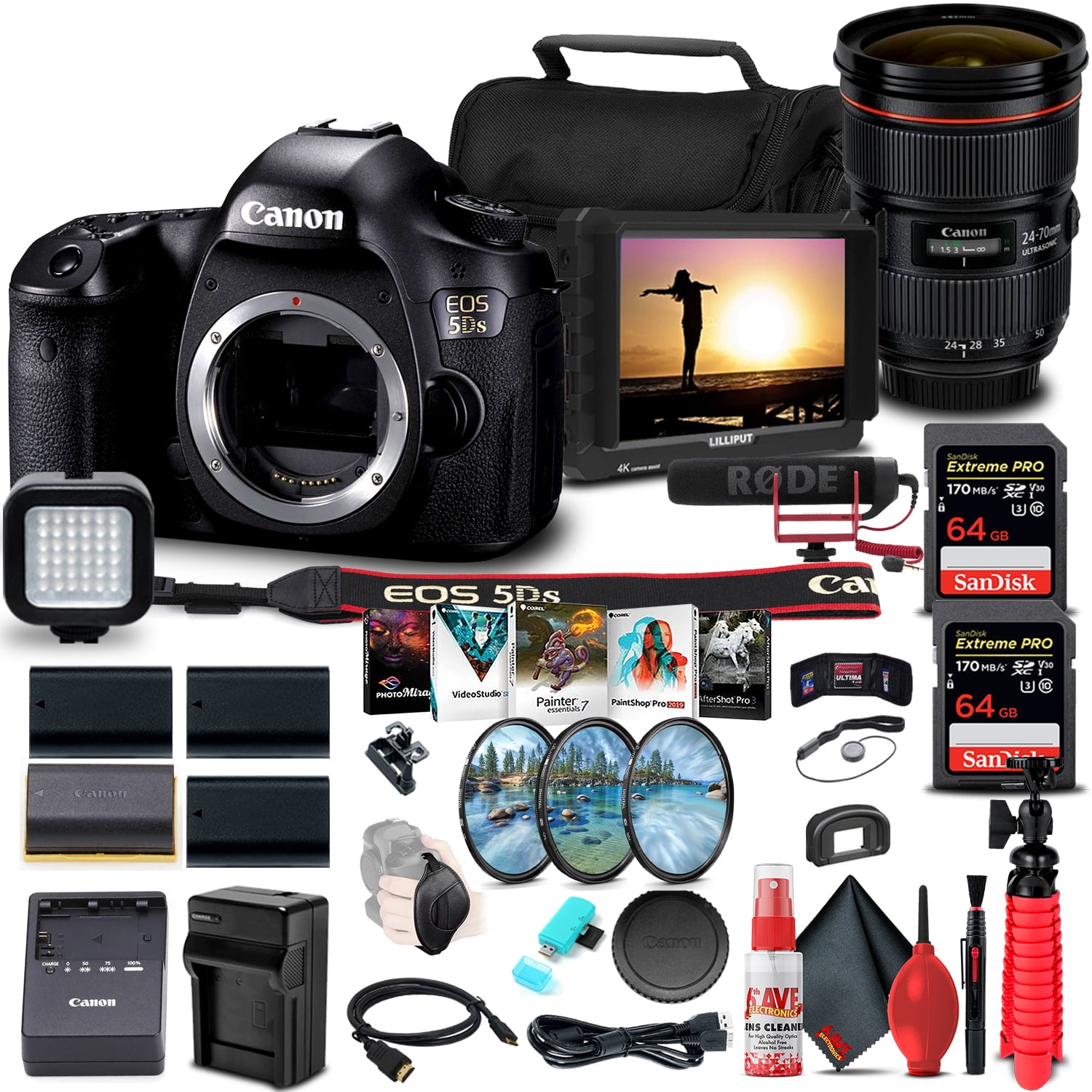 Canon EOS 5DS DSLR Camera Body Only 0581C002 Canon EF 24-70mm F2.8L II USM Lens 5175B002 4K Monitor Pro Mic 2 x 64GB Memory Card Filter Kit 3 x LPE6 Battery International Model