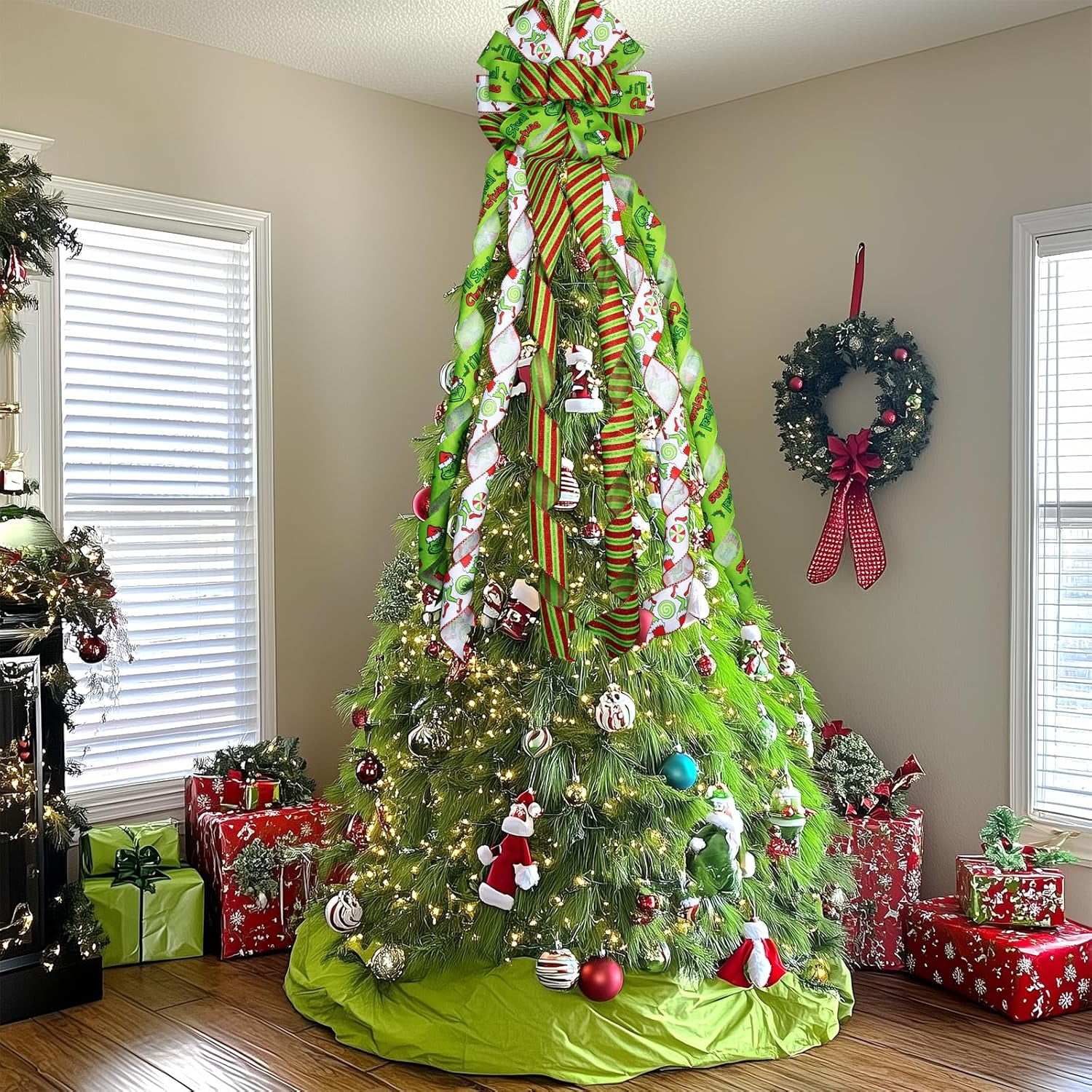 Large Christmas Tree Topper Bow 52x13 Inch, Pre-Tied Wired Ribbon Wreath Bows, Xmas Ornaments with Long Wired Edge Streamer for Holiday Thanksgiving Indoor Outdoor Party Decoration (Green)