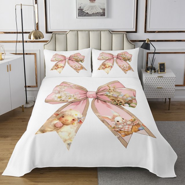Erosebridal Kawaii Bowknot Coverlet Set King,Cartoon Sheep Rabbit Bedding Set,Floral Decor,Breathable,3pcs
