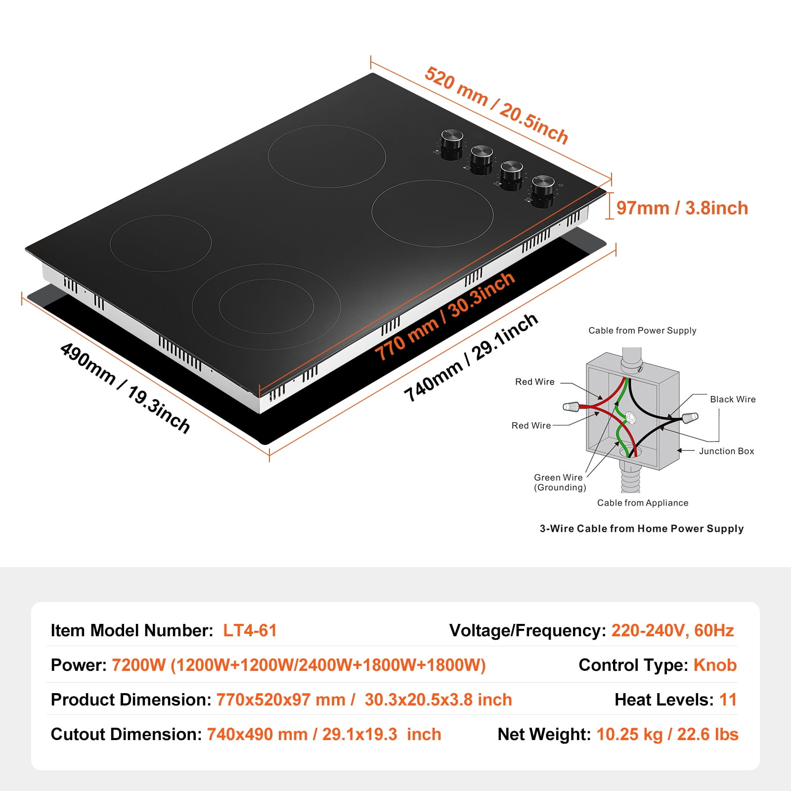 KFFKFF Electric Range, 30" with 4 Elements, Inset 7200W Ceramic Cooktop, Glass Surface, Dial Adjustments, 11 Temperature Settings, 220-240V, Direct Wiring Required