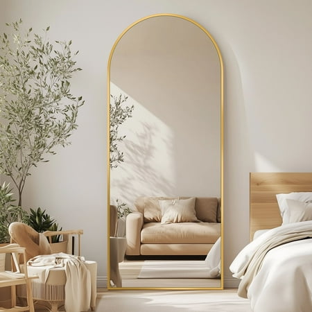 Antok 58.4 x18  Arched Full Length Mirror with Stand - Gold Frame Standing Floor Mirror  Full Body Mirror  Shatterproof  Freestanding/Wall Mount  for Bedroom  Dressing Room