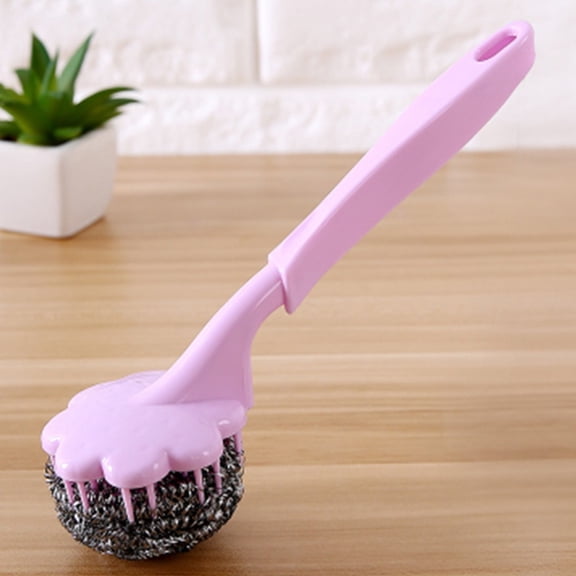 Yannee 1Pc Stainless Steel Sponges Scrubbers Cleaning Ball Utensil Scrubber Metal Scrubber Scouring Pads Ball for Pot Pan Dish Wash Cleaning for Removing Rust Dirty Cookware Cleaner with Handle Purple