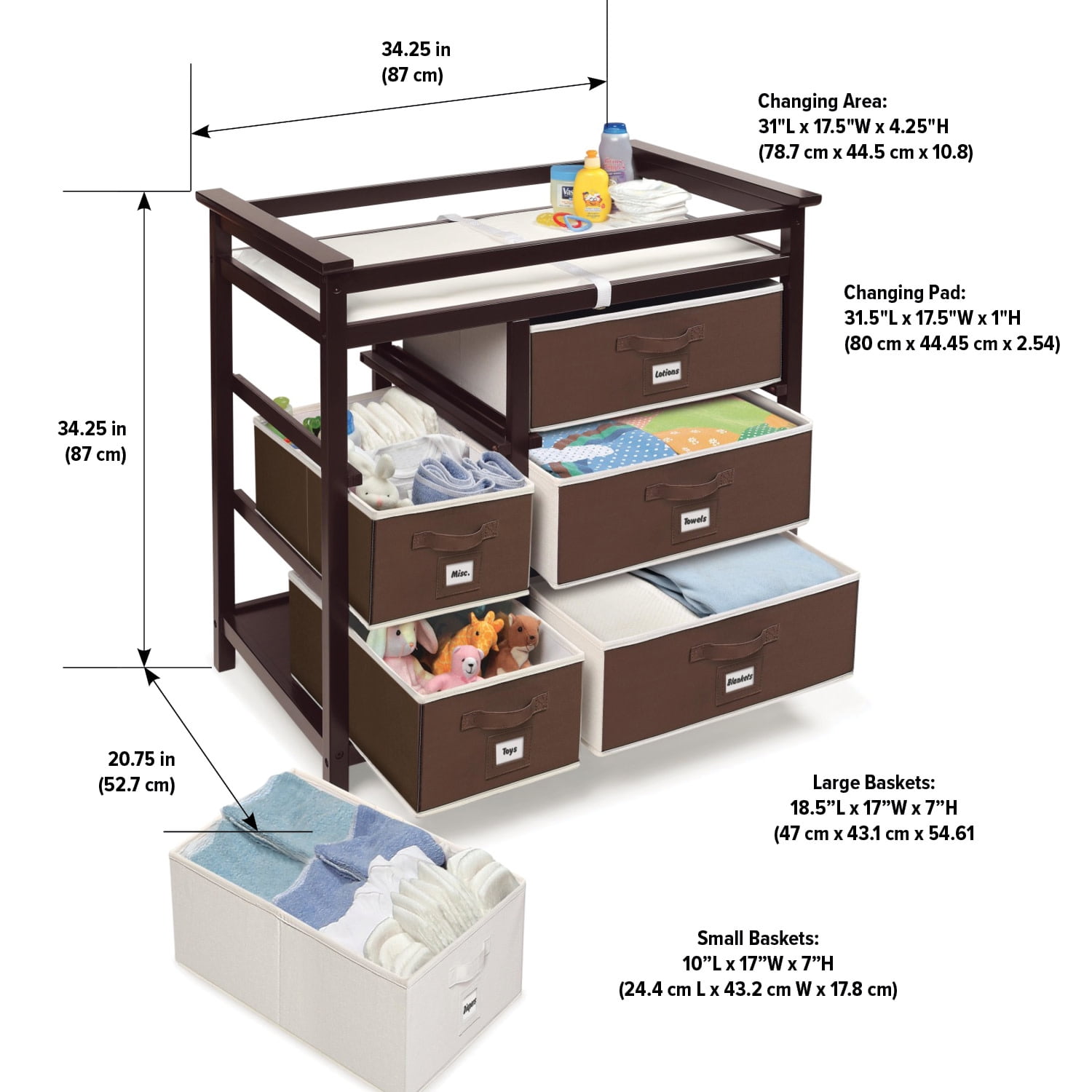 Badger Basket Modern Wood Baby Changing Table with 6 Baskets Espresso